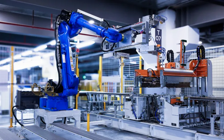 Braccio robotico industriale in un impianto di produzione automatizzato per la manifattura avanzata