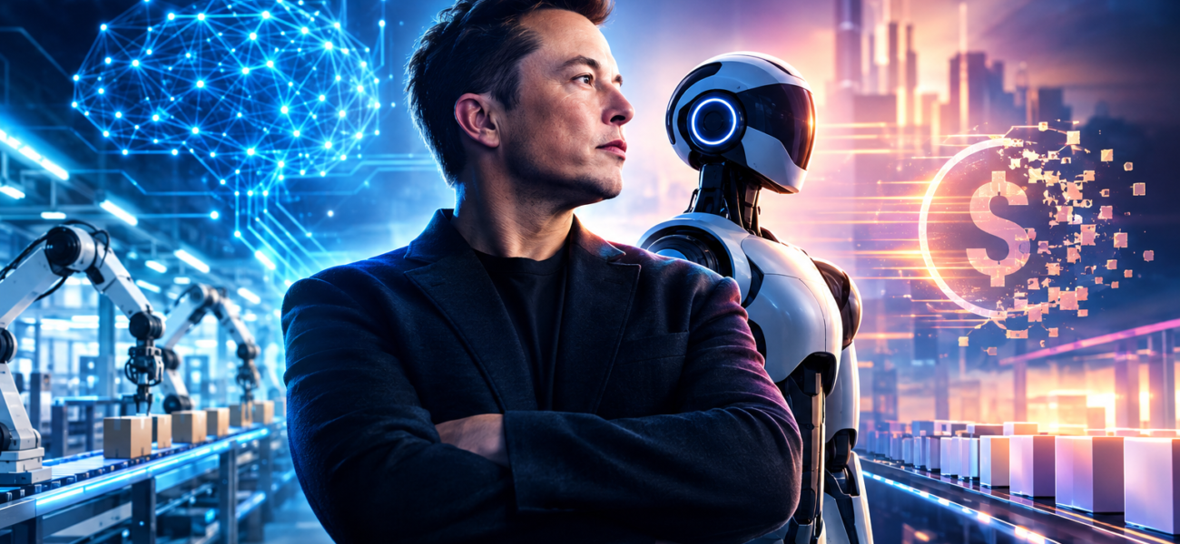 Illustrazione generata con IA per l’articolo Musk ipotizza: nel 2036 il denaro potrebbe contare meno